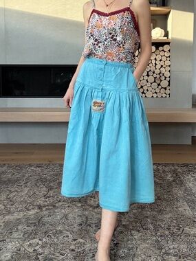 Vintage light Blue cotton Button-Front Midi Skirt